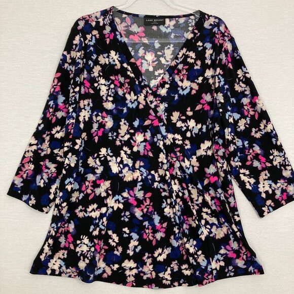 Lane Bryant Black Floral Multi Color V Neck Stretch Pullover Top size 18/20 - Picture 1 of 9